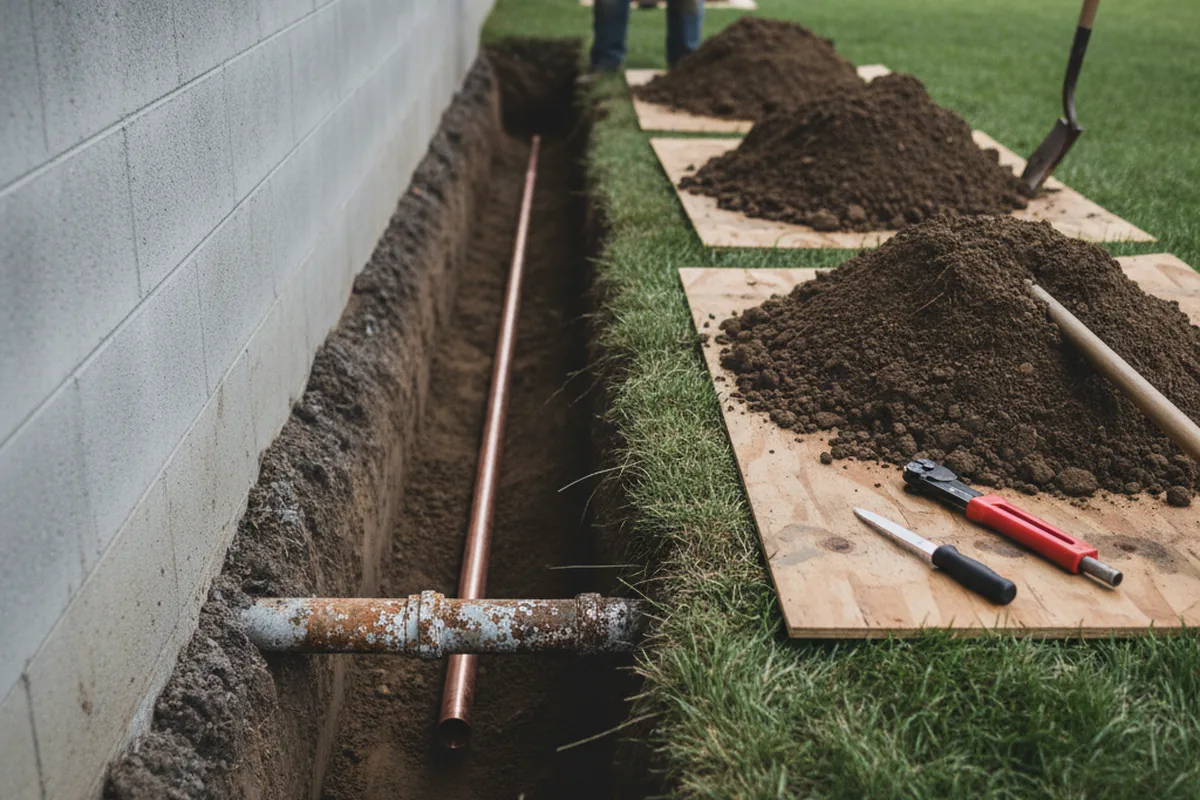 Excavated water line trench during Water Softener Installation in Crestline